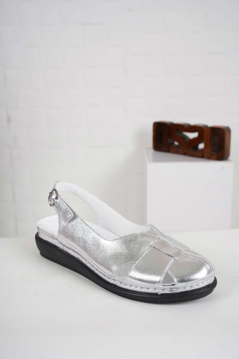 Hakiki Deri Gümüş Kadın Komfort Sandalet 241177503