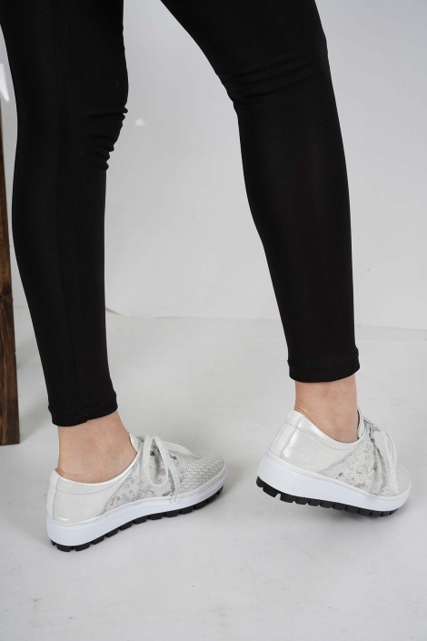 Hakiki Deri Beyaz Saten-Beyaz Baskılı Kadın Spor Ayakkabı 221186111
