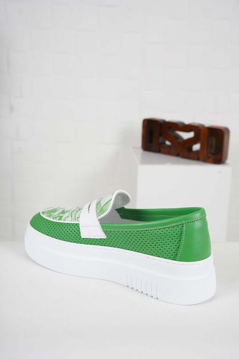 Hakiki Deri Yeşil-Beyaz_Yeşil Baskılı Kadın Casual Ayakkabı 241186112