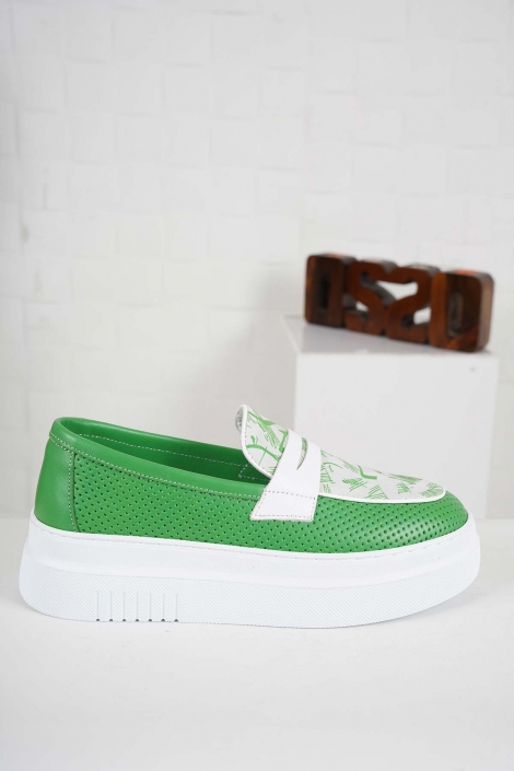 Hakiki Deri Yeşil-Beyaz_Yeşil Baskılı Kadın Casual Ayakkabı 241186112