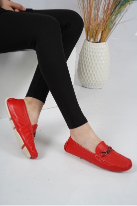 Hakiki Deri Kırmızı Kadın Makosen Ayakkabı 221209114