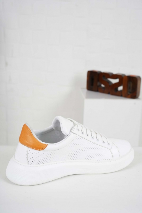Hakiki Deri Beyaz-Turuncu Kadın Sneaker Ayakkabı 241218100