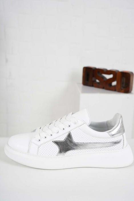 Hakiki Deri Beyaz-Gümüş Kadın Sneaker Ayakkabı 241218100