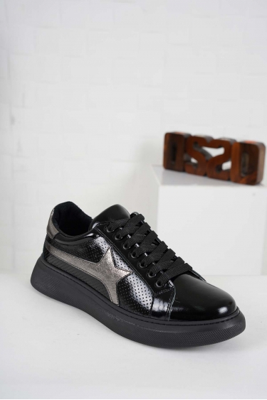 Hakiki Deri Siyah Rugan-Siyah Nikel Kadın Sneaker Ayakkabı 241218100