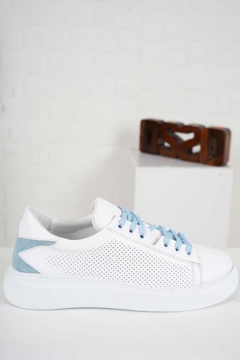 Hakiki Deri Beyaz-Bebe Mavi Süet Kadın Sneaker Ayakkabı 241218101
