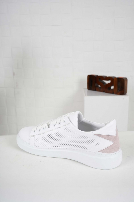 Hakiki Deri Beyaz-Pudra Süet Kadın Sneaker Ayakkabı 241218101