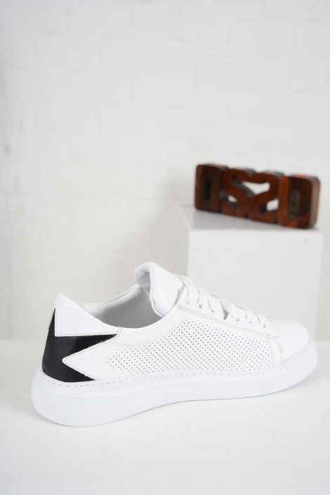 Hakiki Deri Beyaz-Siyah Kadın Sneaker Ayakkabı 241218101
