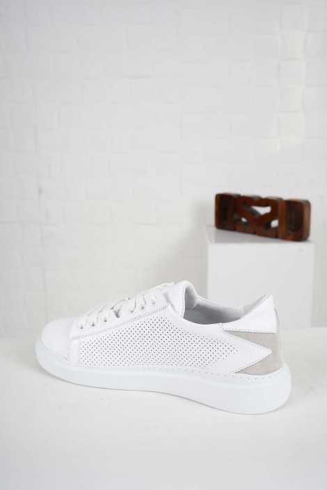 Hakiki Deri Beyaz-Bej Süet Kadın Sneaker Ayakkabı 241218101