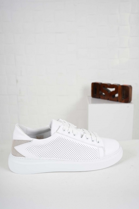 Hakiki Deri Beyaz-Bej Süet Kadın Sneaker Ayakkabı 241218101