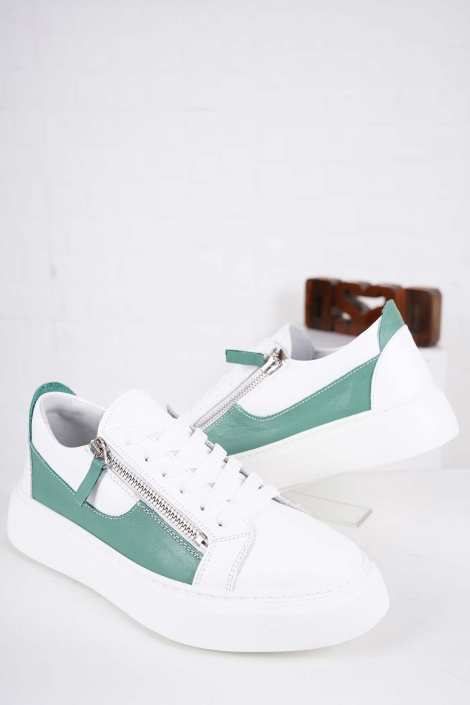 Hakiki Deri Beyaz-Yeşil Kadın Sneaker Ayakkabı 241218102