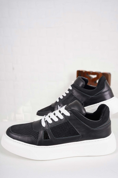 Hakiki Deri Siyah-Siyah Süet Kadın Sneaker Ayakkabı 241218103