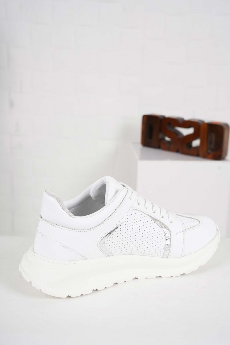 Hakiki Deri Beyaz-Gümüş Kadın Sneaker Ayakkabı 241218106
