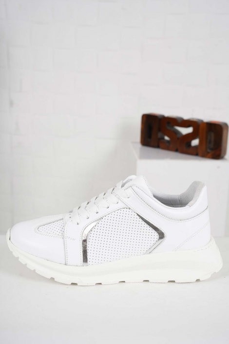 Hakiki Deri Beyaz-Gümüş Kadın Sneaker Ayakkabı 241218106