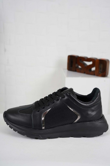 Hakiki Deri Siyah-Siyah Nikel Kadın Sneaker Ayakkabı 241218106