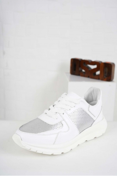 Hakiki Deri Beyaz-Gümüş Kadın Sneaker Ayakkabı 241218107