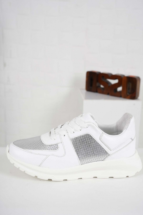 Hakiki Deri Beyaz-Gümüş Kadın Sneaker Ayakkabı 241218107