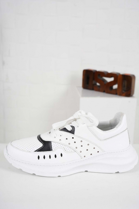 Hakiki Deri Beyaz-Siyah Kadın Sneaker Ayakkabı 241218108