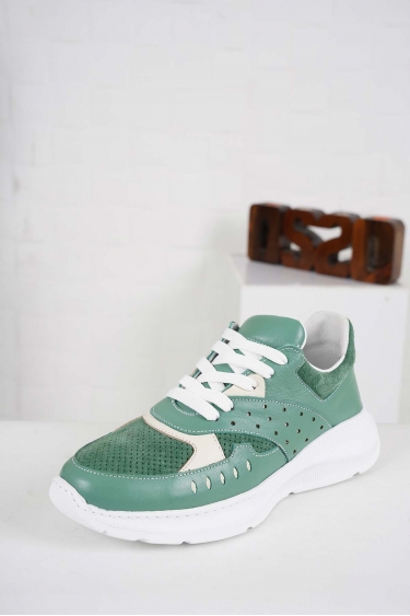 Hakiki Deri Yeşil-Yeşil Süet-Bej Kadın Sneaker Ayakkabı 241218108