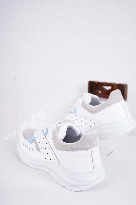 Hakiki Deri Beyaz-Bej Süet-B.Mavi Kadın Sneaker Ayakkabı 241218108