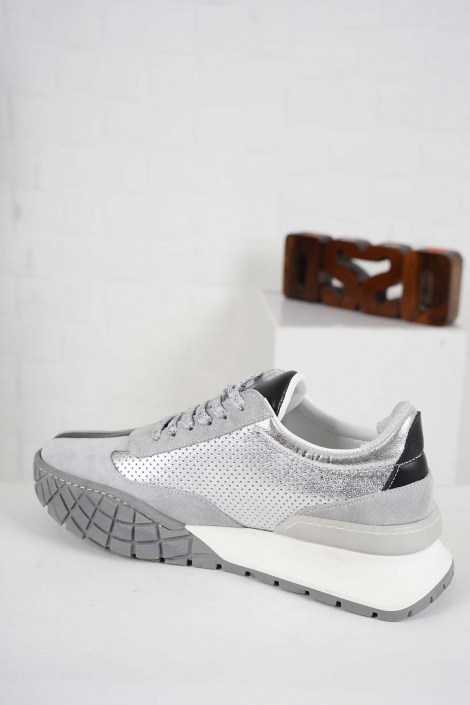Hakiki Deri Gri Süet-Siyah-Gümüş Kadın Sneaker Ayakkabı 241218110