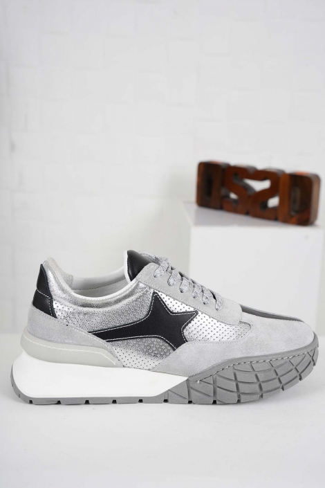 Hakiki Deri Gri Süet-Siyah-Gümüş Kadın Sneaker Ayakkabı 241218110