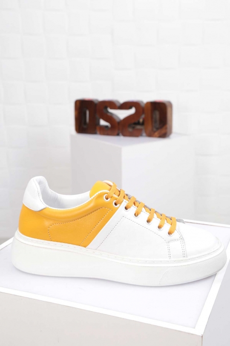 Hakiki Deri Sarı Beyaz Kadın Sneaker Ayakkabı 212220102