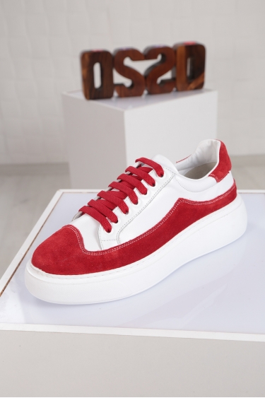 Hakiki Deri Beyaz-Kırmızı Kadın Sneaker Ayakkabı 221220103
