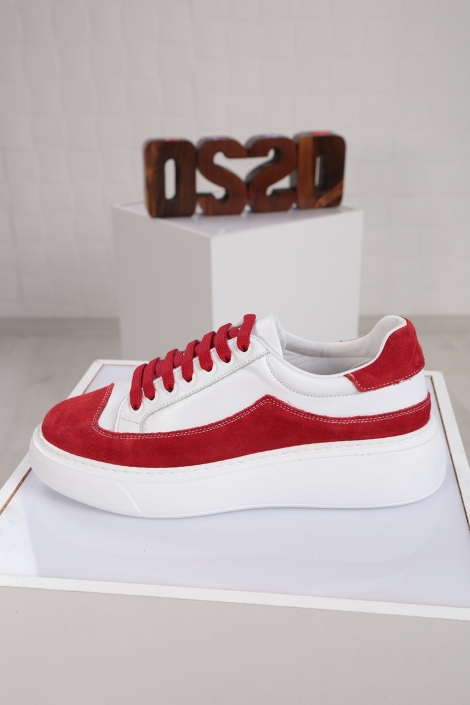 Hakiki Deri Beyaz-Kırmızı Kadın Sneaker Ayakkabı 221220103
