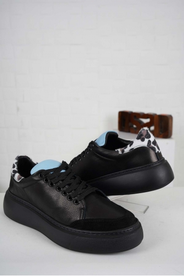 Hakiki Deri Siyah-Mavi-Beyaz Kadın Sneaker Ayakkabı 221220104