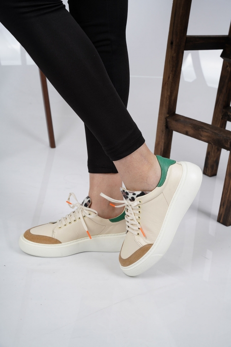 Hakiki Deri Açık Bej-Beyaz-Yeşil Kadın Sneaker Ayakkabı 221220104
