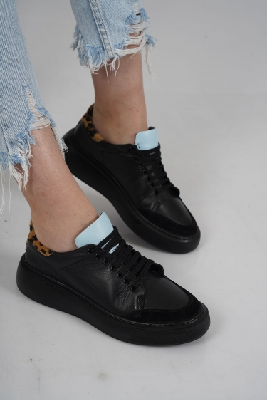 Hakiki Deri Siyah-Bebe Mavi-Taba Benek Kadın Sneaker Ayakkabı 221220104
