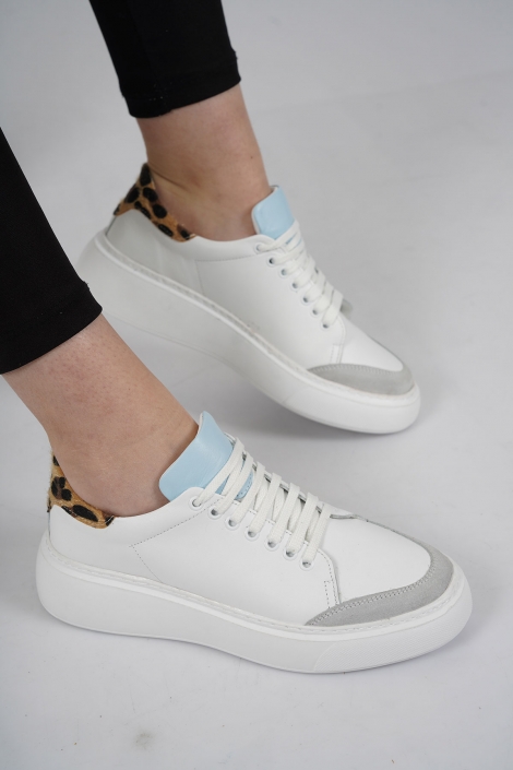 Hakiki Deri Beyaz-Bebe Mavi-Taba Benek Kadın Sneaker Ayakkabı 221220104