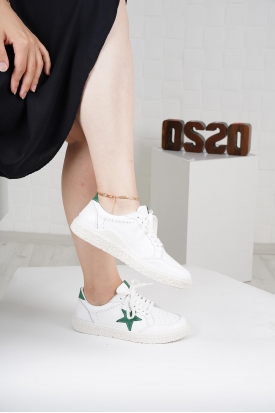 Hakiki Deri Beyaz-Yeşil Kadın Spor Ayakkabı 222220101