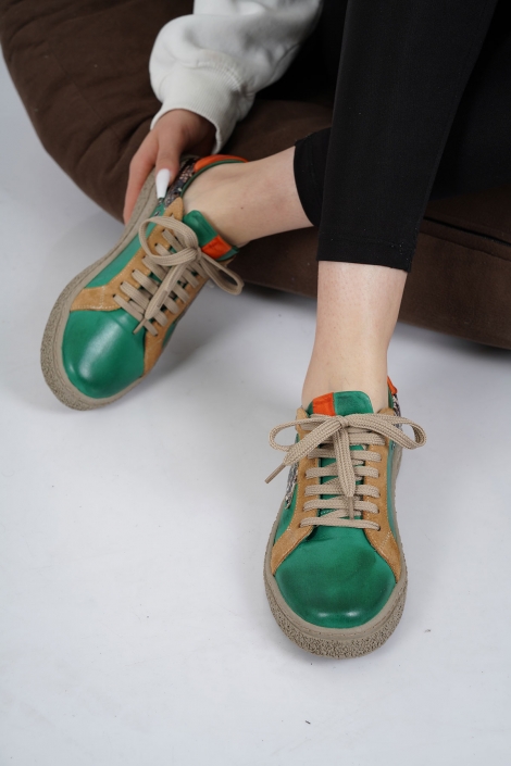 Hakiki Deri Yeşil-Bej Süet-Yeşil Yılan-Turuncu Kadın Spor Ayakkabı 222220103