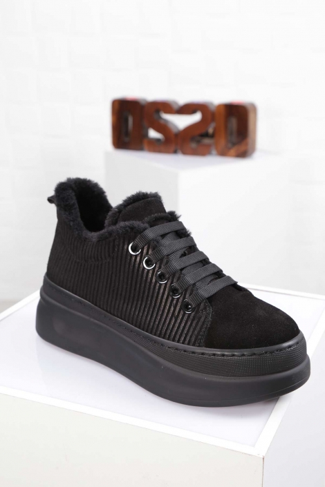 Hakiki Deri Siyah Süet-Siyah Süet Çizgili Kadın Sneaker Ayakkabı 212225108