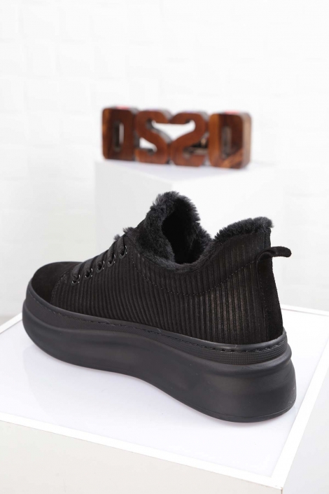 Hakiki Deri Siyah Süet-Siyah Süet Çizgili Kadın Sneaker Ayakkabı 212225108