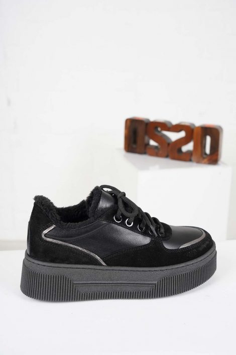 Hakiki Deri Siyah Süet-Siyah Kadın Sneaker Ayakkabı 232225104