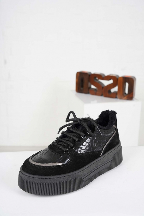 Hakiki Deri Siyah Süet-Siyah Kroko Kadın Sneaker Ayakkabı 232225104