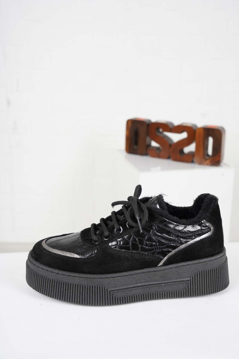 Hakiki Deri Siyah Süet-Siyah Kroko Kadın Sneaker Ayakkabı 232225104