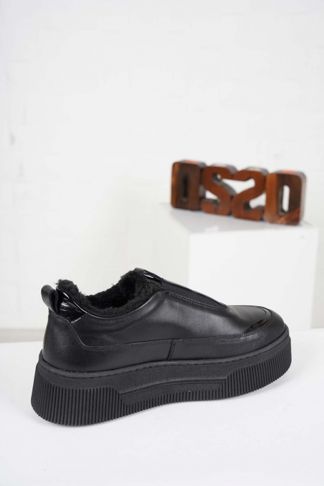 Hakiki Deri Siyah-Siyah Rugan Kadın Sneaker Ayakkabı 232225106