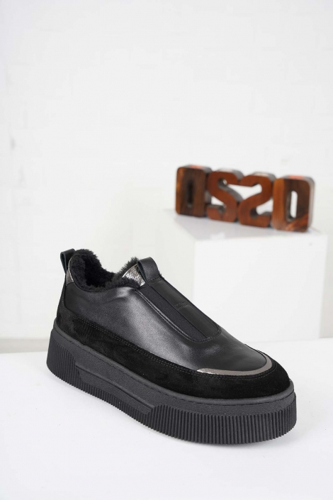 Hakiki Deri Siyah Süet-Siyah Kadın Sneaker Ayakkabı 232225106