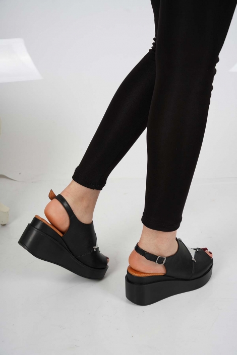 Hakiki Deri Siyah-Gri Kadın Dolgu Topuk Sandalet 231229509