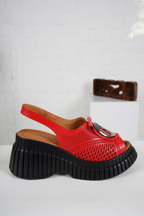 Hakiki Deri Kırmızı Kadın Dolgu Topuk Sandalet 241229512