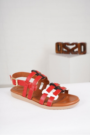 Hakiki Deri Kırmızı-Beyaz-Siyah Rugan Kadın Komfort Sandalet 221235508